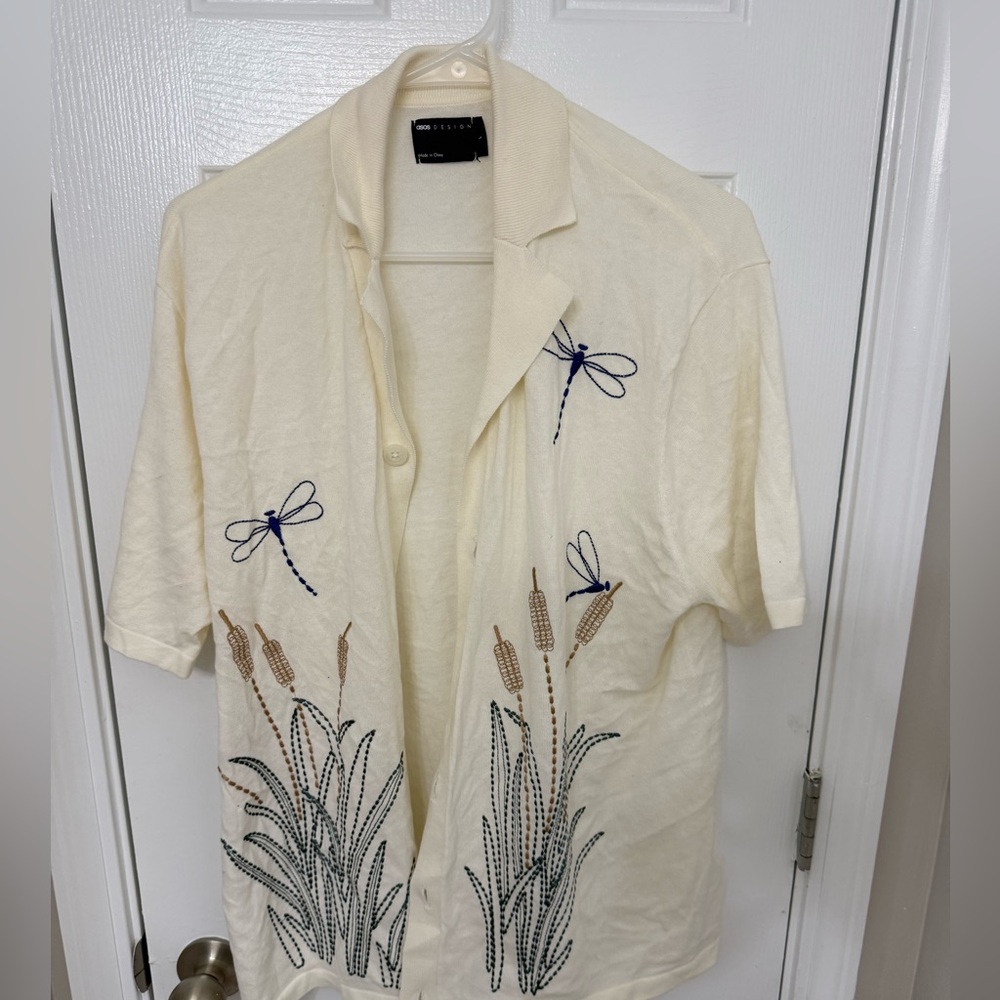ASOS Cream Casual Button Down Shirt with Dragonfly Design
